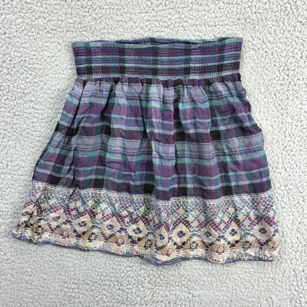Ecote Plaid Lace Trim Smocked Mini Skirt Womens S Purple Green Boho Festival Fun